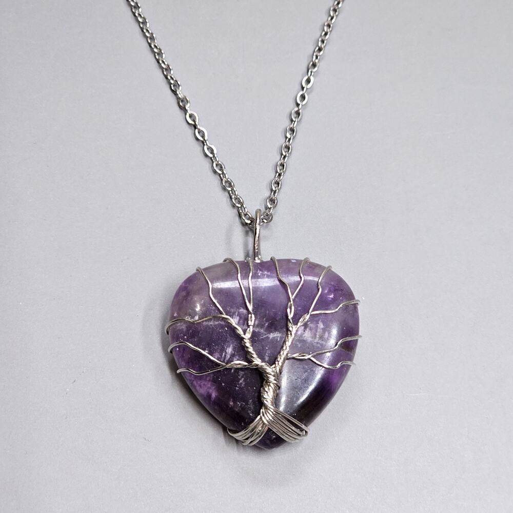 Tree of Life Purple Amethyst Heart Pendant Necklace Wire Wrap Silvertone 24"+1.5